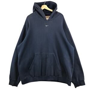 Vintage Y2K NIKE‎ Center Mini Swoosh Check Hoodie Faded Navy Blue Sz 2XL